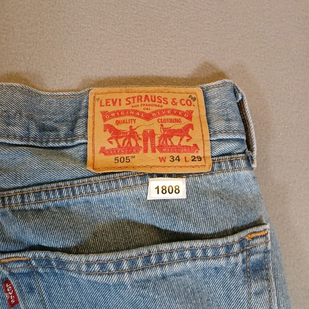 Levis 505 Jeans Mens 34x29 Blue Medium Wash Straight Denim Pants Logo Patches